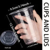 A hand holds a clear plastic cup and lid, showing the dimensions of the cup (9.5cm/3.74inch) and lid (5.7cm/2.24inch).
