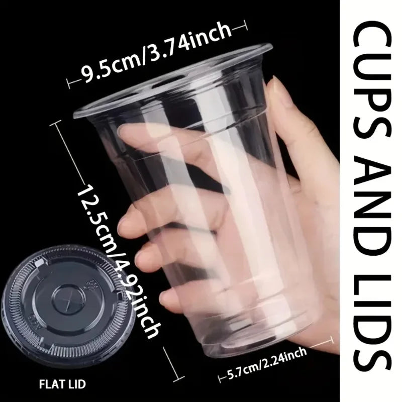 A hand holds a clear plastic cup and lid, showing the dimensions of the cup (9.5cm/3.74inch) and lid (5.7cm/2.24inch).