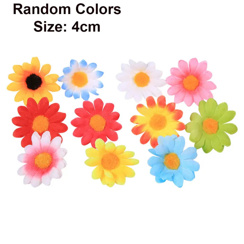 Assortment of colorful artificial sunflower and daisy heads in various sizes for DIY and wedding decor