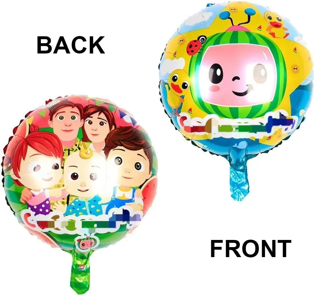 A set of two foil balloons, one showing the back and one showing the front of a cartoon character.