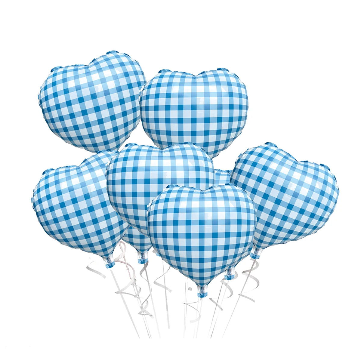 A bunch of light blue and white checkered heart-shaped foil balloons.