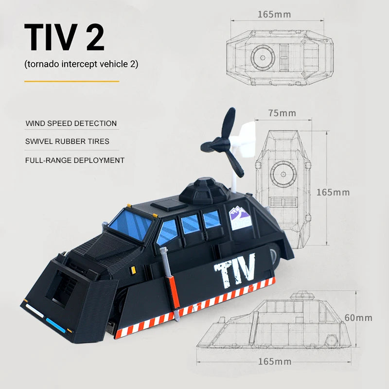 A black model of the TIV 2 tornado intercept vehicle, shown in various views and specifications.