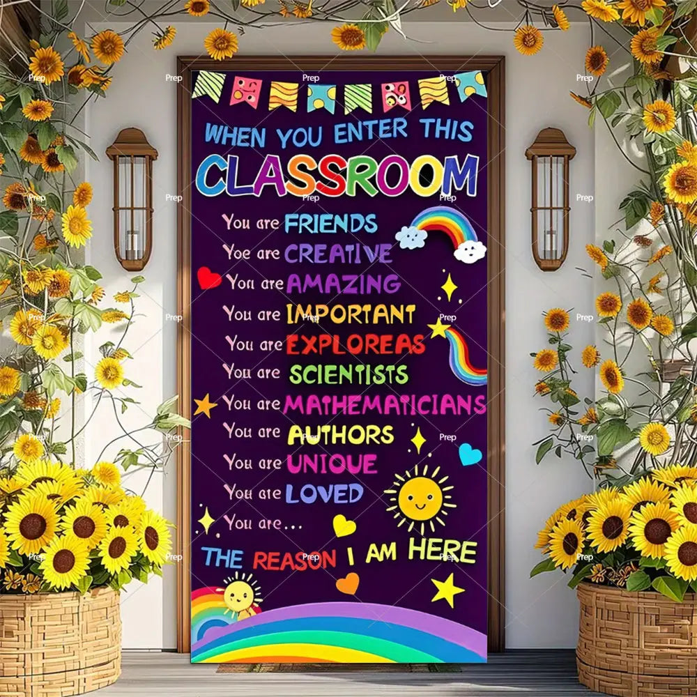A colorful door banner decorated with cheerful yellow sunflowers and rainbow elements for a classroom entrance.