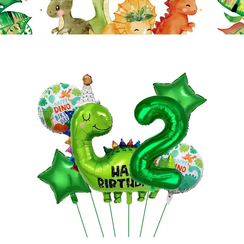 Green dinosaur shaped balloon number 2 with green leaves and a birthday theme