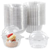 A set of clear plastic bulk dessert packaging boxes for cakes and confections, including cups and a dome container.