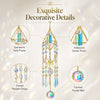 A hanging crystal prism sundcatcher featuring a gold geometric frame, iridescent center prism, and crystal pendant drops.