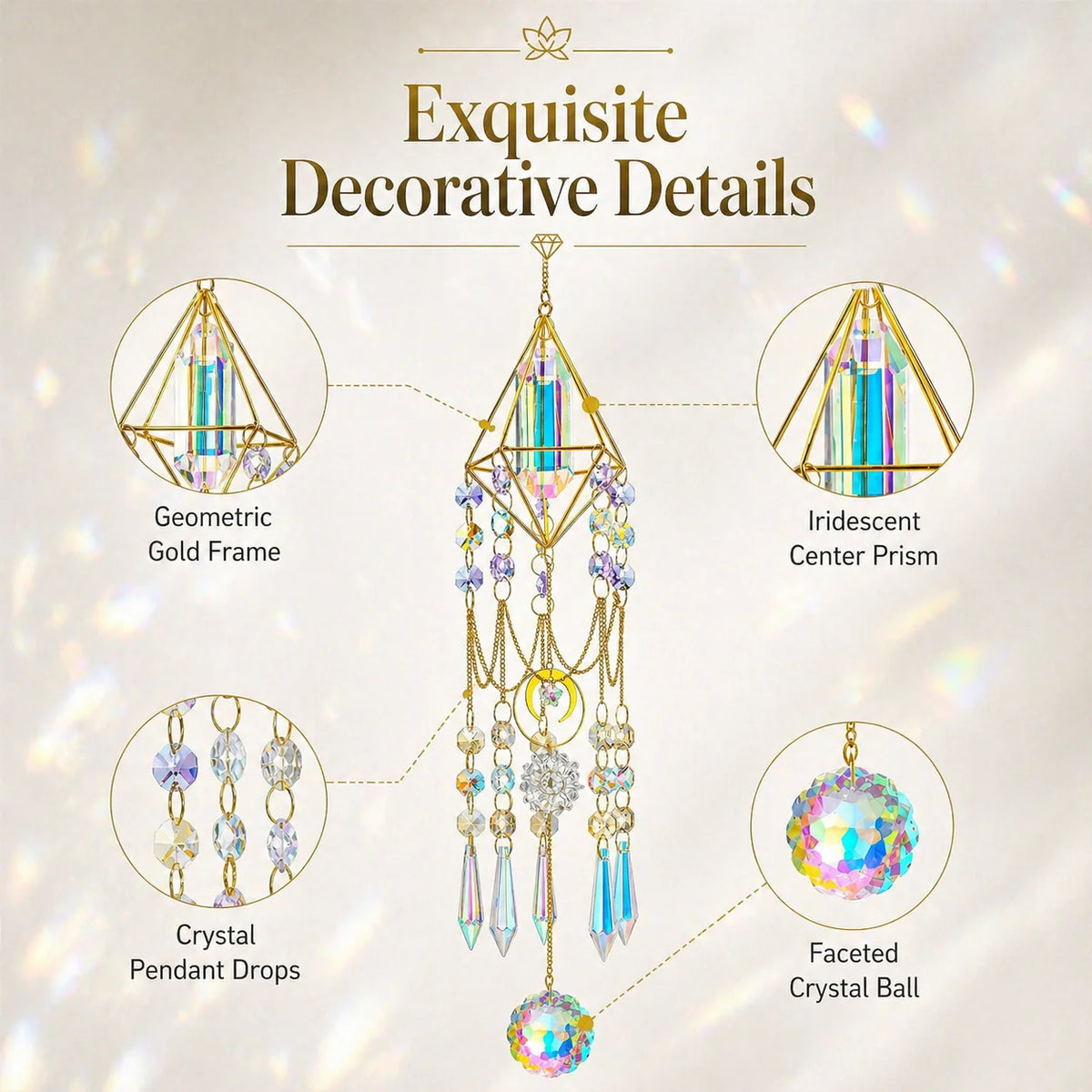 A hanging crystal prism sundcatcher featuring a gold geometric frame, iridescent center prism, and crystal pendant drops.