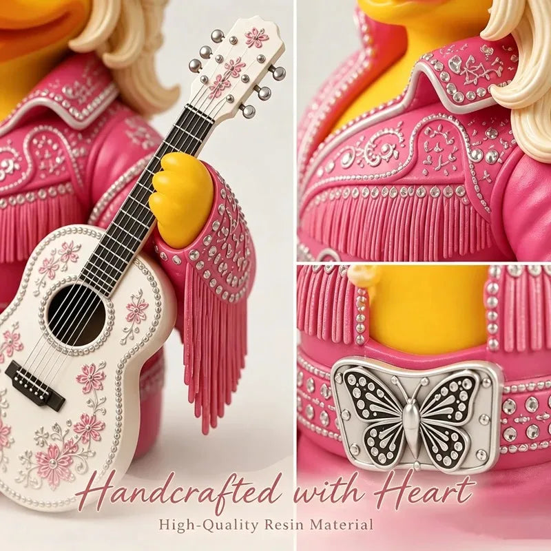 Pink and yellow collectible figurine featuring a guitar and butterfly details made from high-quality resin