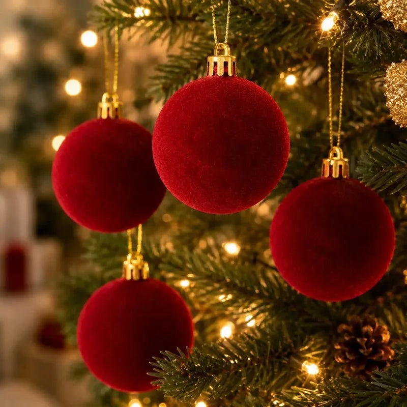 Three deep red velvet flocked Christmas ball ornaments hanging on a green fir tree.