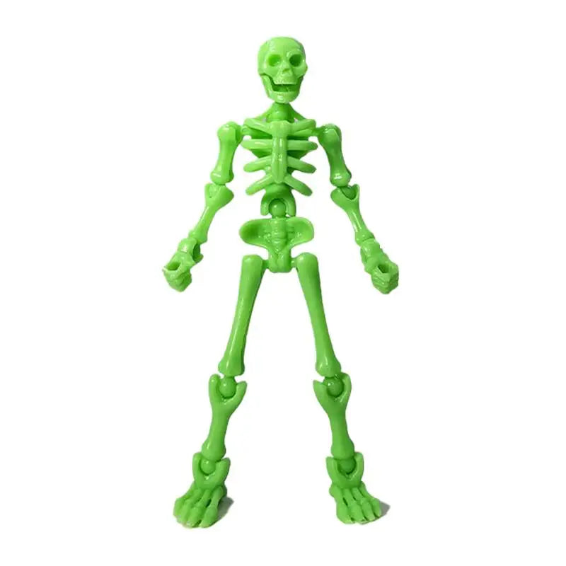 A bright green plastic skeleton figurine showing the full body structure.