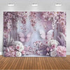 A vertical photo backdrop featuring soft pink and purple floral arrangements, delicate vines, and a large white butterfly sil
