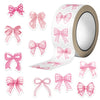 A roll of pink and white decorative bow stickers for envelopes and rewards.