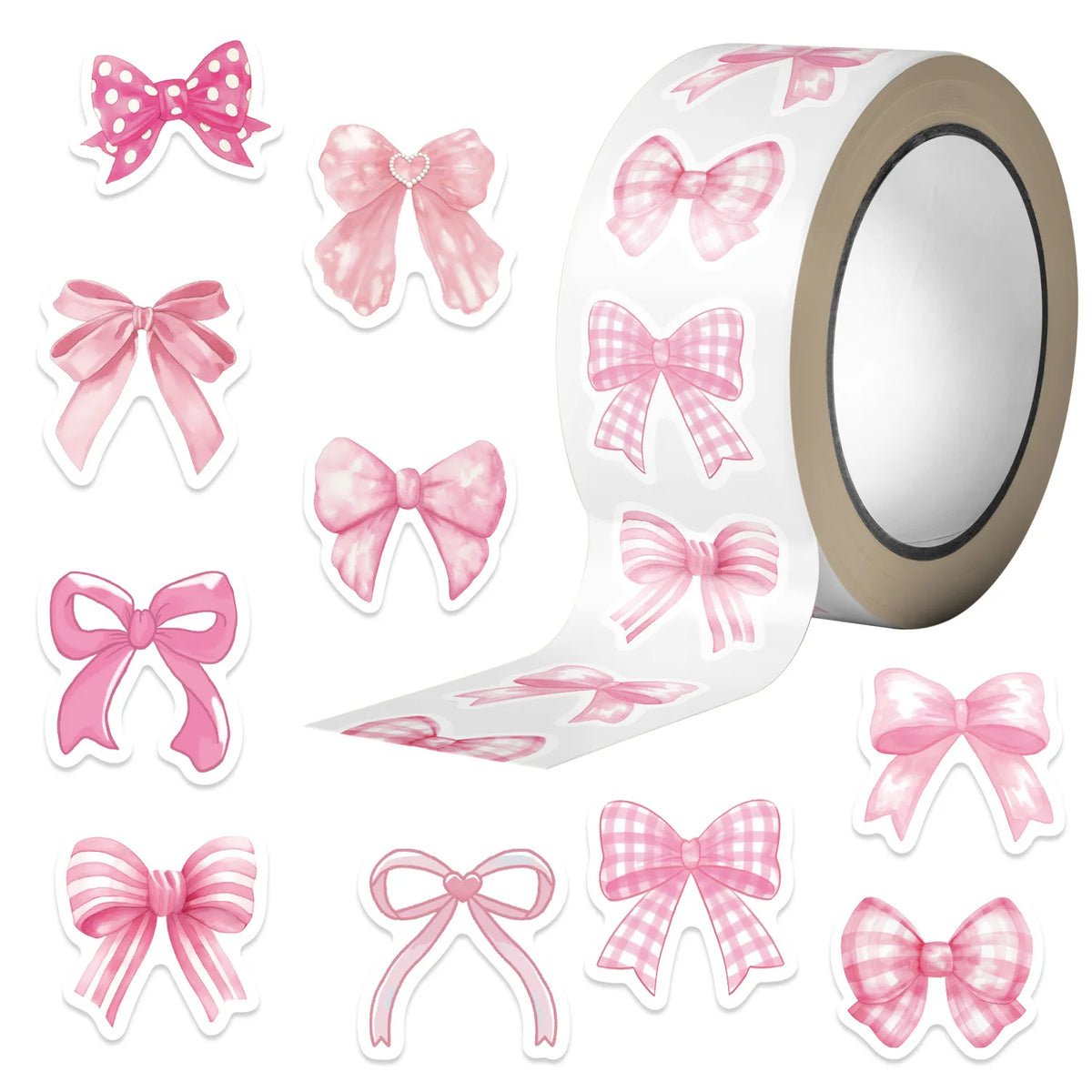 A roll of pink and white decorative bow stickers for envelopes and rewards.