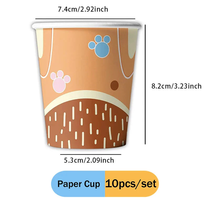 A set of 10 paper cups featuring cute blue and pink paw prints for parties and picnics.
