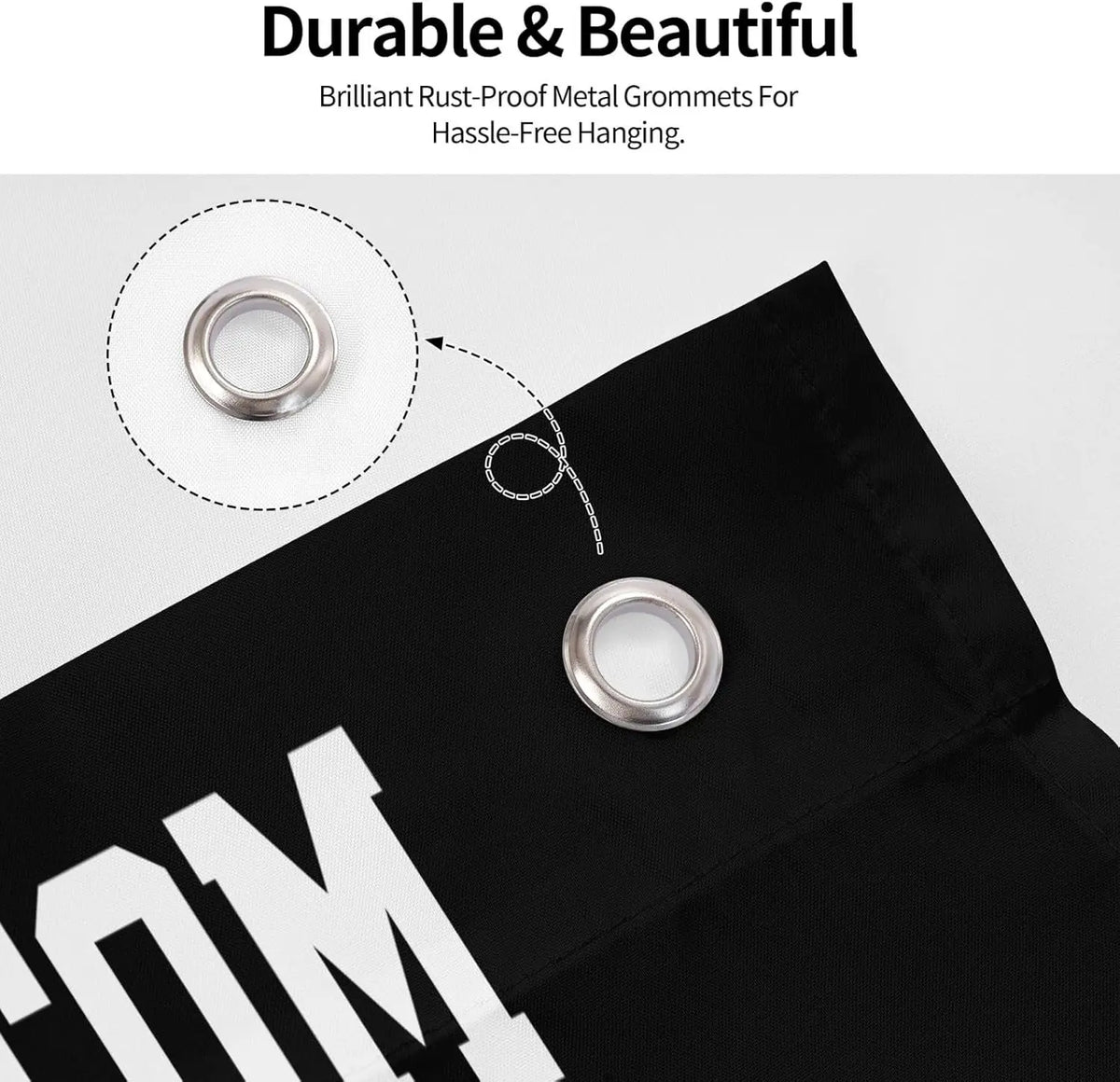 A close-up of a silver metal grommet being threaded onto a black fabric for hassle-free hanging.
