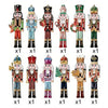 A collection of twelve wooden nutcracker soldiers in various outfits and colors for Christmas ornaments.