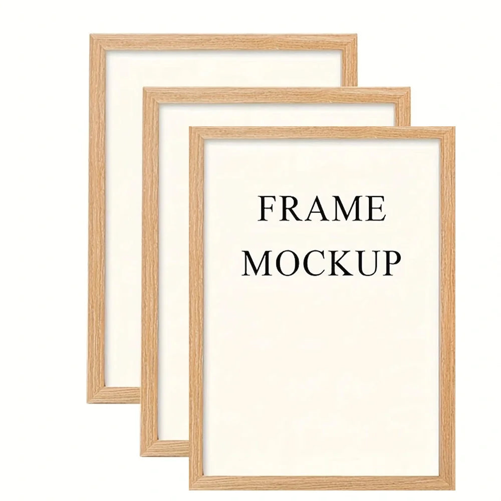Mockup of three light wood-framed photo frames with white mats.