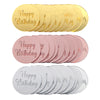 A set of ten round acrylic birthday toppers in gold, pink, and silver colors.