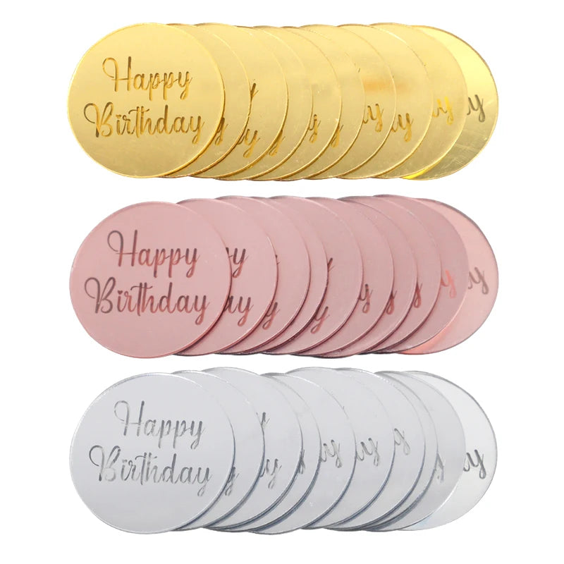A set of ten round acrylic birthday toppers in gold, pink, and silver colors.
