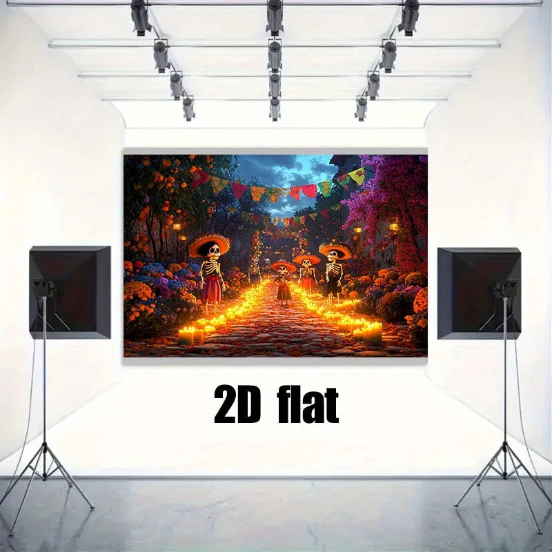 A 2D flat print of a Day of the Dead backdrop featuring an orange path lined with sugar skulls and vibrant floral patterns.