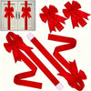 Red satin ribbon bows and strips for decorative purposes, including cabinet door accents and gift wrapping.