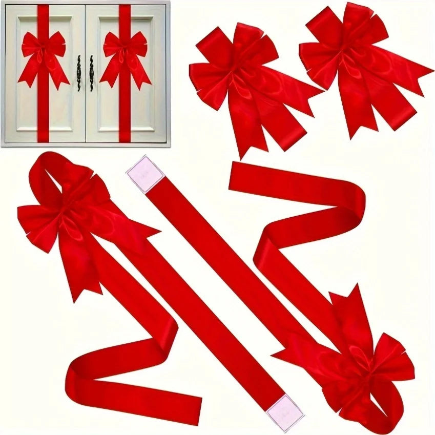 Red satin ribbon bows and strips for decorative purposes, including cabinet door accents and gift wrapping.