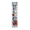 Vertical vintage metal street sign with the word WELCOME spelled out in colorful floral designs