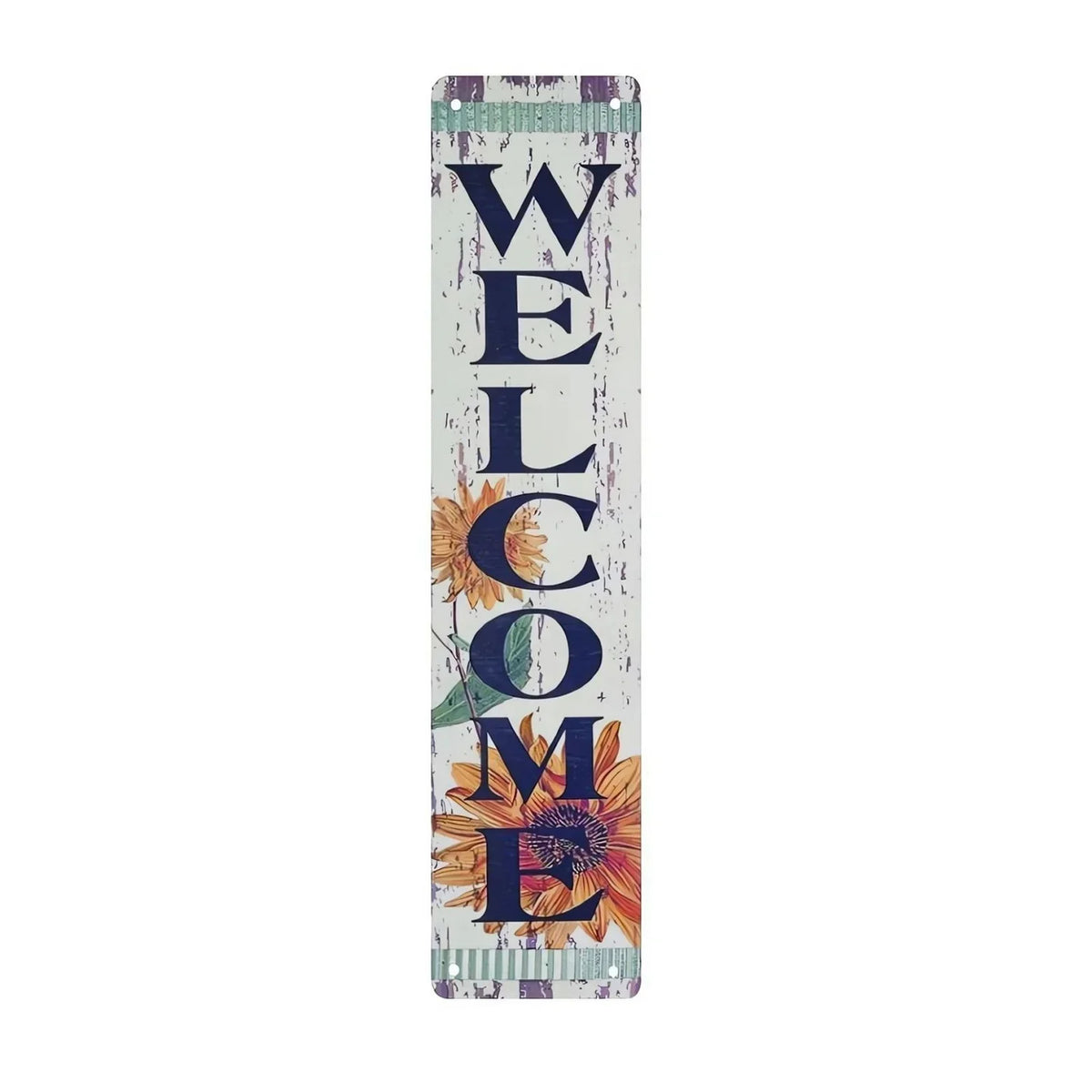 Vertical vintage metal street sign with the word WELCOME spelled out in colorful floral designs