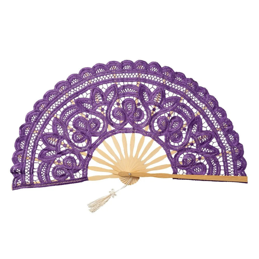 Purple vintage lace hand fan with a sunburst straw pendant and tassel