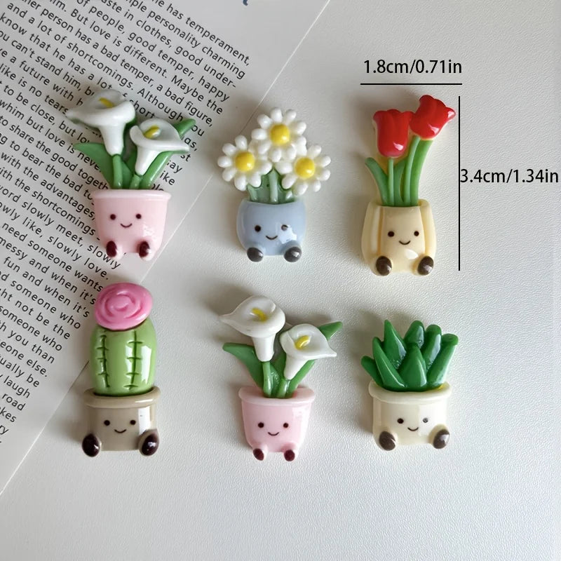 A set of kawaii potted plant fridge magnets featuring various flowers and leaves in pastel colors.