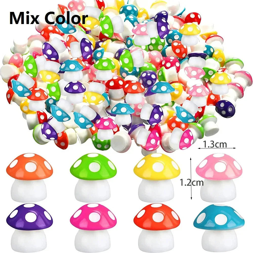 A colorful set of resin mini mushroom figurines in various colors and sizes.