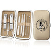 An open leather case displaying an 8-piece stainless steel manicure and pedicure kit with various tools.