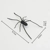 Eine schwarze Spinne mit Maße, die ihre Größe anzeigen.