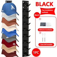Black wall-mounted hat organizer rack with two installation methods for holding caps