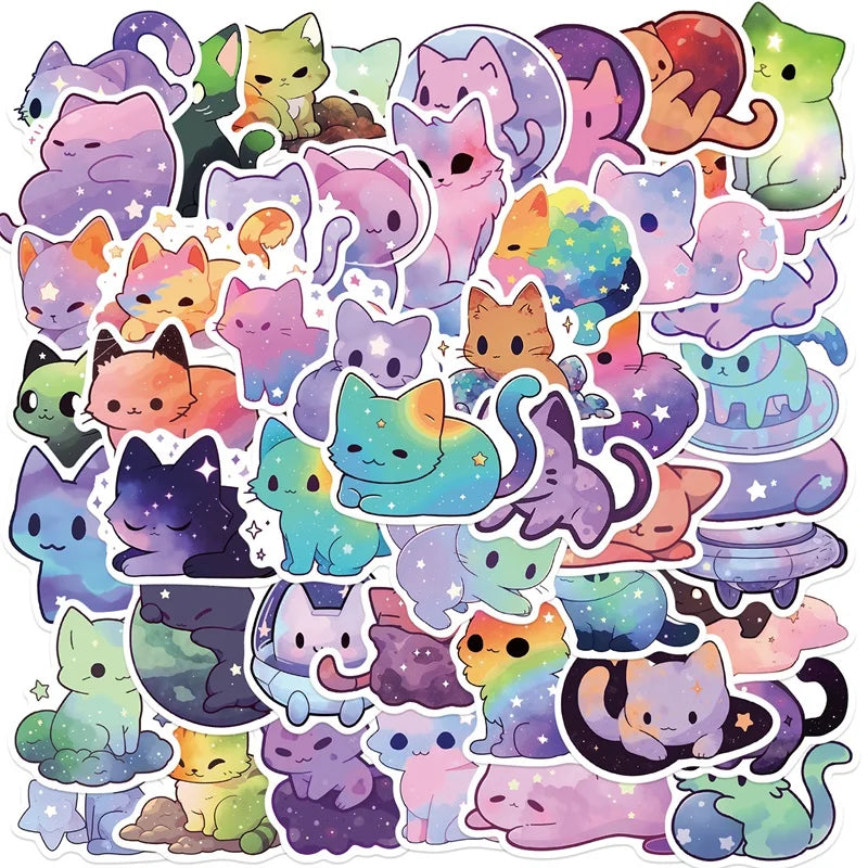 A collection of aesthetic PVC starry sky cat stickers in various colors and poses for scrapbooking