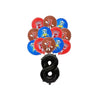 A collection of red and blue animatronic-themed party supplies for a Five Nights at Freddy's birthday party.