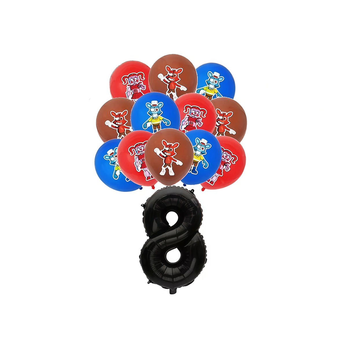 A collection of red and blue animatronic-themed party supplies for a Five Nights at Freddy's birthday party.