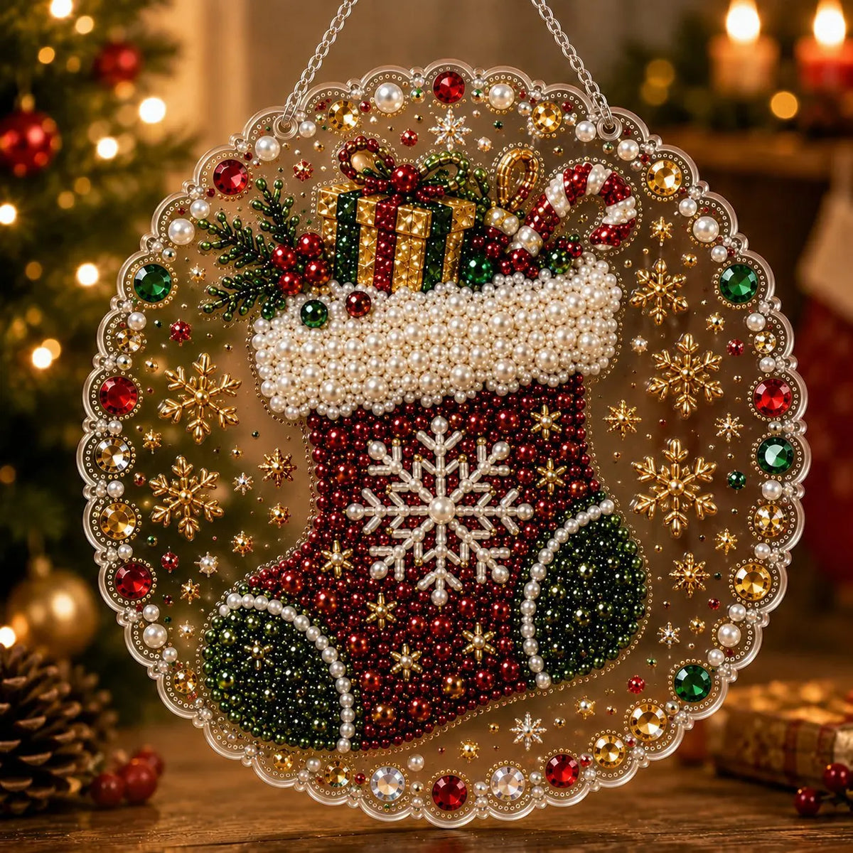 A clear acrylic round ornament featuring a detailed Christmas stocking design with red and green glitter and pearl accents.
