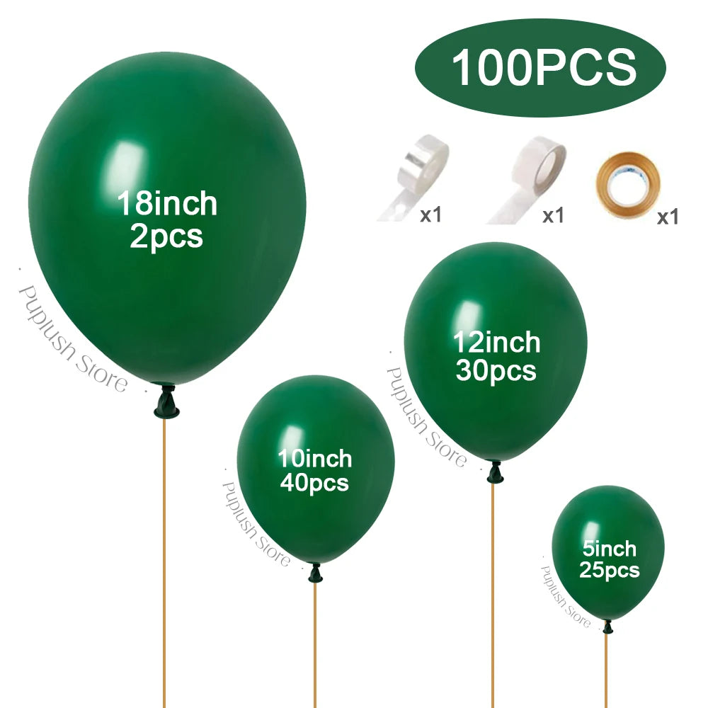 A collection of latex balloons in various sizes and colors, including 18 inch, 12 inch, 10 inch, and 5 inch balloons, along w