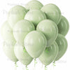 A cluster of pale sage green latex balloons tied with green ribbons.