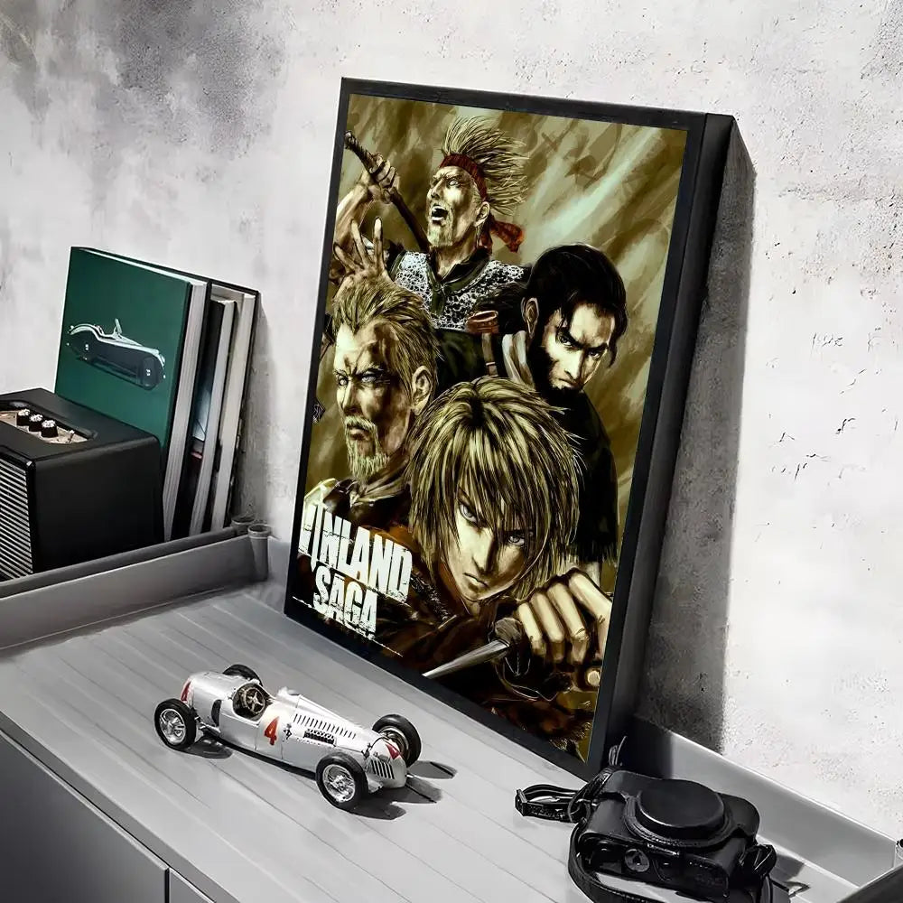 A framed poster of a man with a beard and intense expression, titled Island Saga, displayed on a white shelf.
