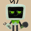 A plush doll resembling a television with antennae, featuring green eyes and a light green body.