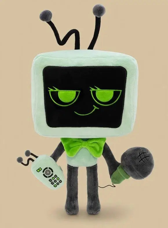 A plush doll resembling a television with antennae, featuring green eyes and a light green body.