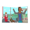 A cartoon illustration of BoJack Horseman and another character sitting in a modern setting with a wooden pole visible.