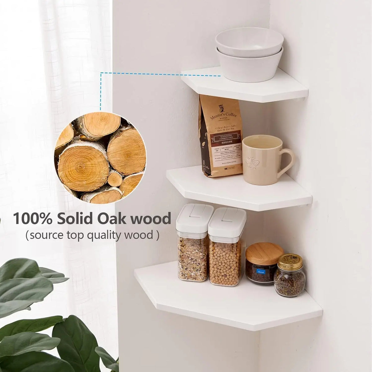 Two white wall-mounted corner shelves displaying natural wood items like a mug and jars.