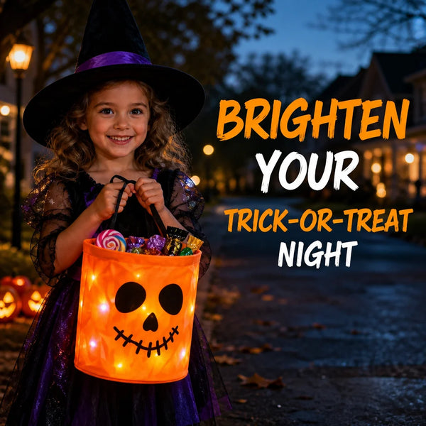 A young girl in a purple dress holds an orange glowing pumpkin candy bucket with an LED handle during Halloween night.