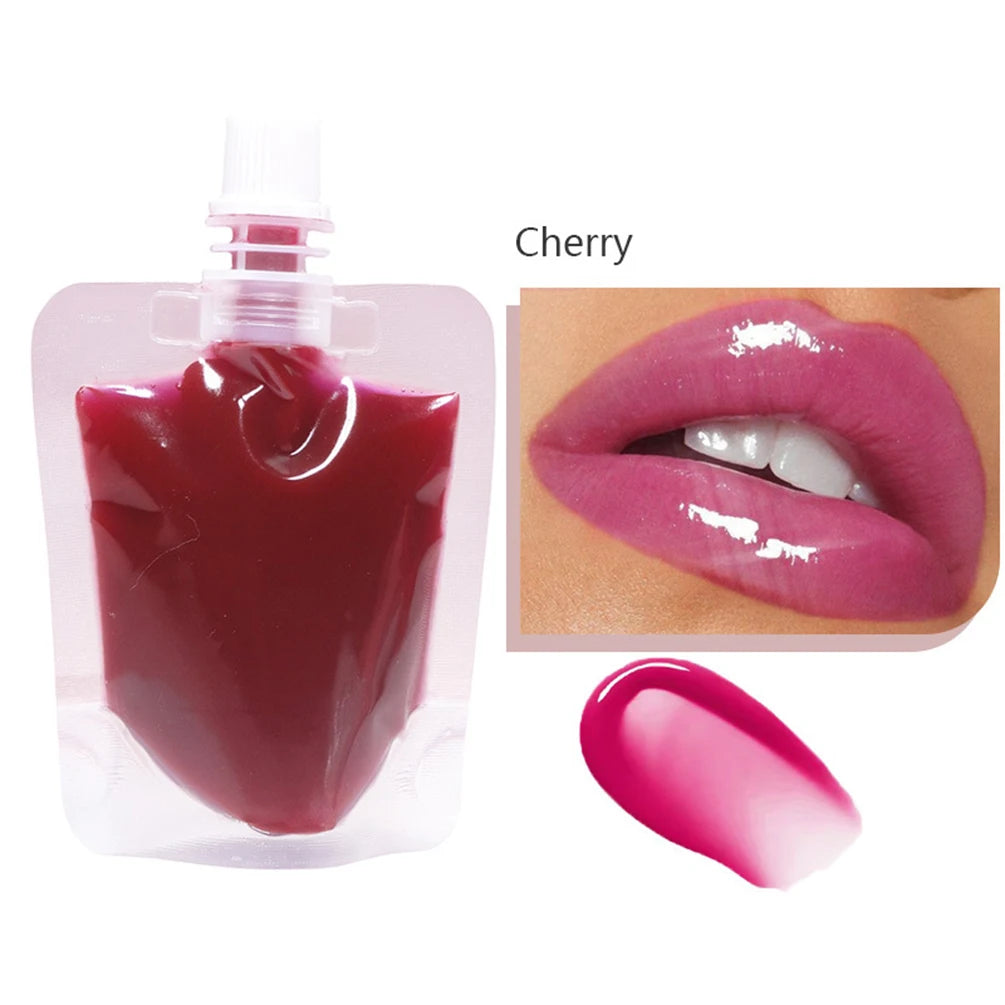 A bottle of cherry flavored lip oil gloss next to a close-up of the glossy pink product and lips