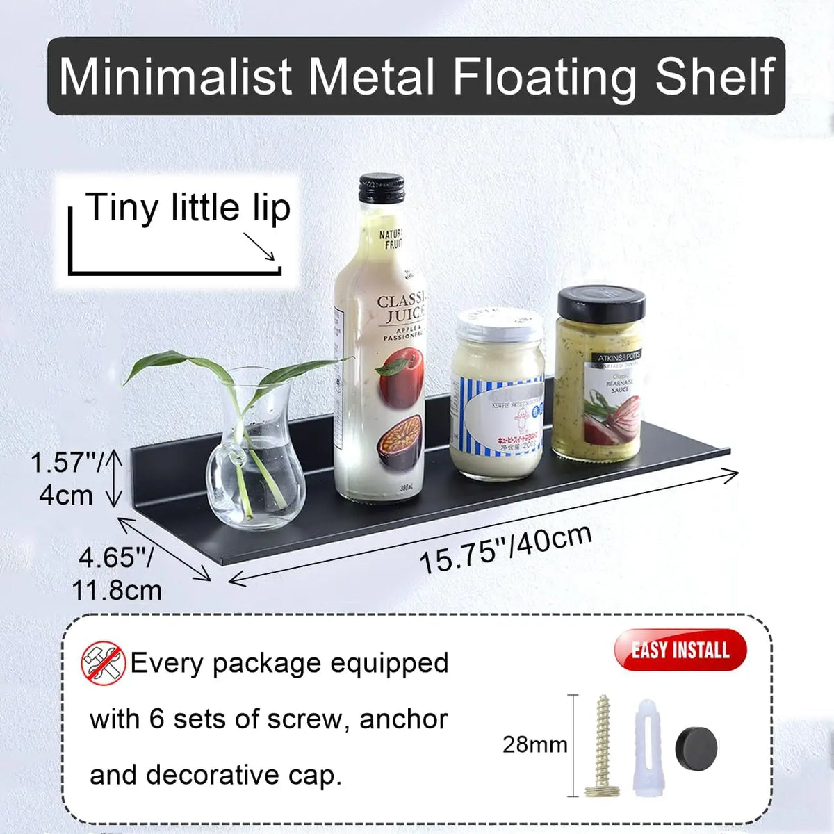 A minimalist metal floating shelf displaying a glass bottle and a jar on a black shelf.