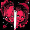 A vibrant red portrait of Chucky the doll, featuring a knife and roses, designed for a diamond painting kit.