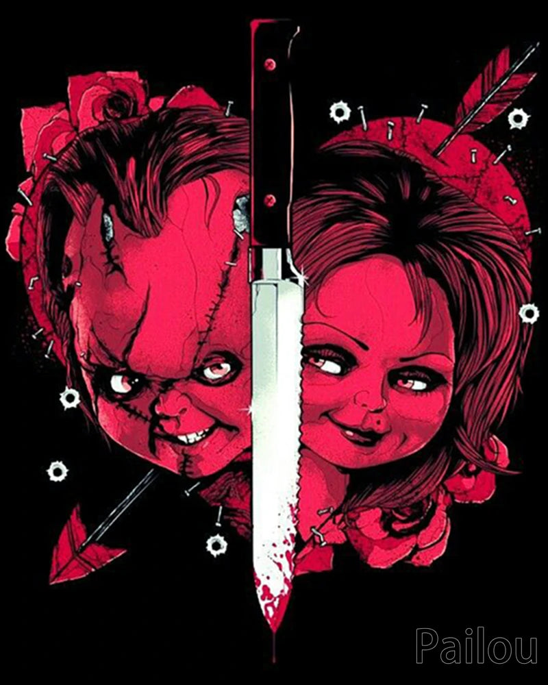 A vibrant red portrait of Chucky the doll, featuring a knife and roses, designed for a diamond painting kit.
